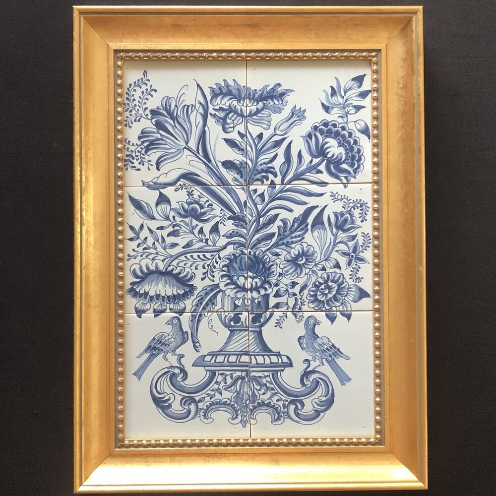 Delft 6 Tile Tableau Classic Flowers In Vase Pot Custom Gold Framed Wall Plaque